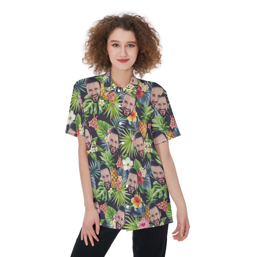 Funny Custom Face Mix Tropical Patterns Women's Hawaiian Shirt