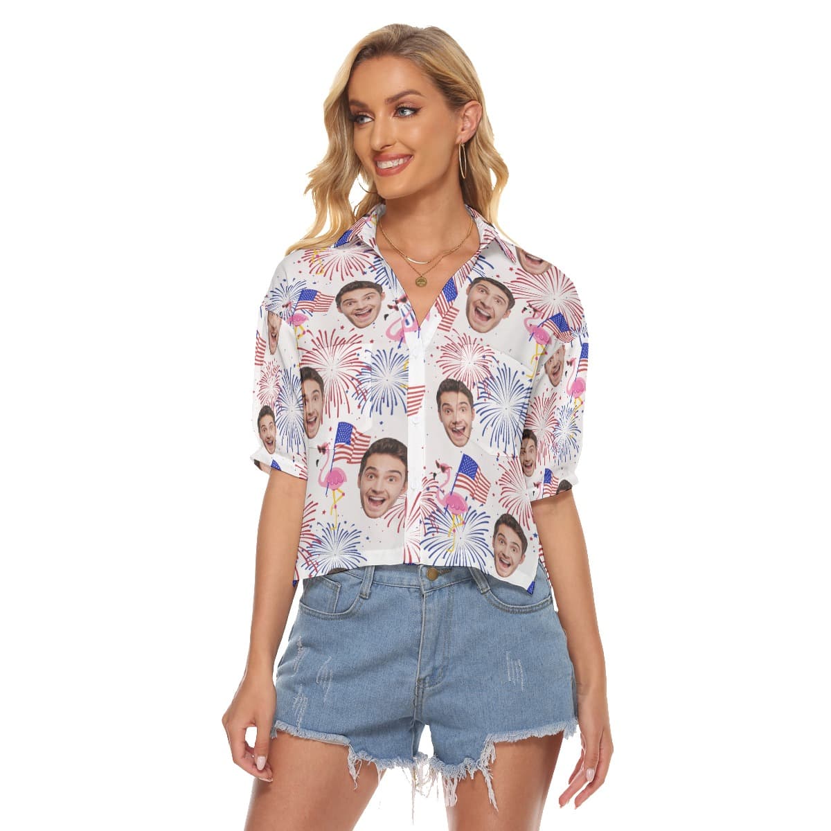 Funny Custom Face Patriotic Flamingo Hawaiian Cropped Shirt (4)