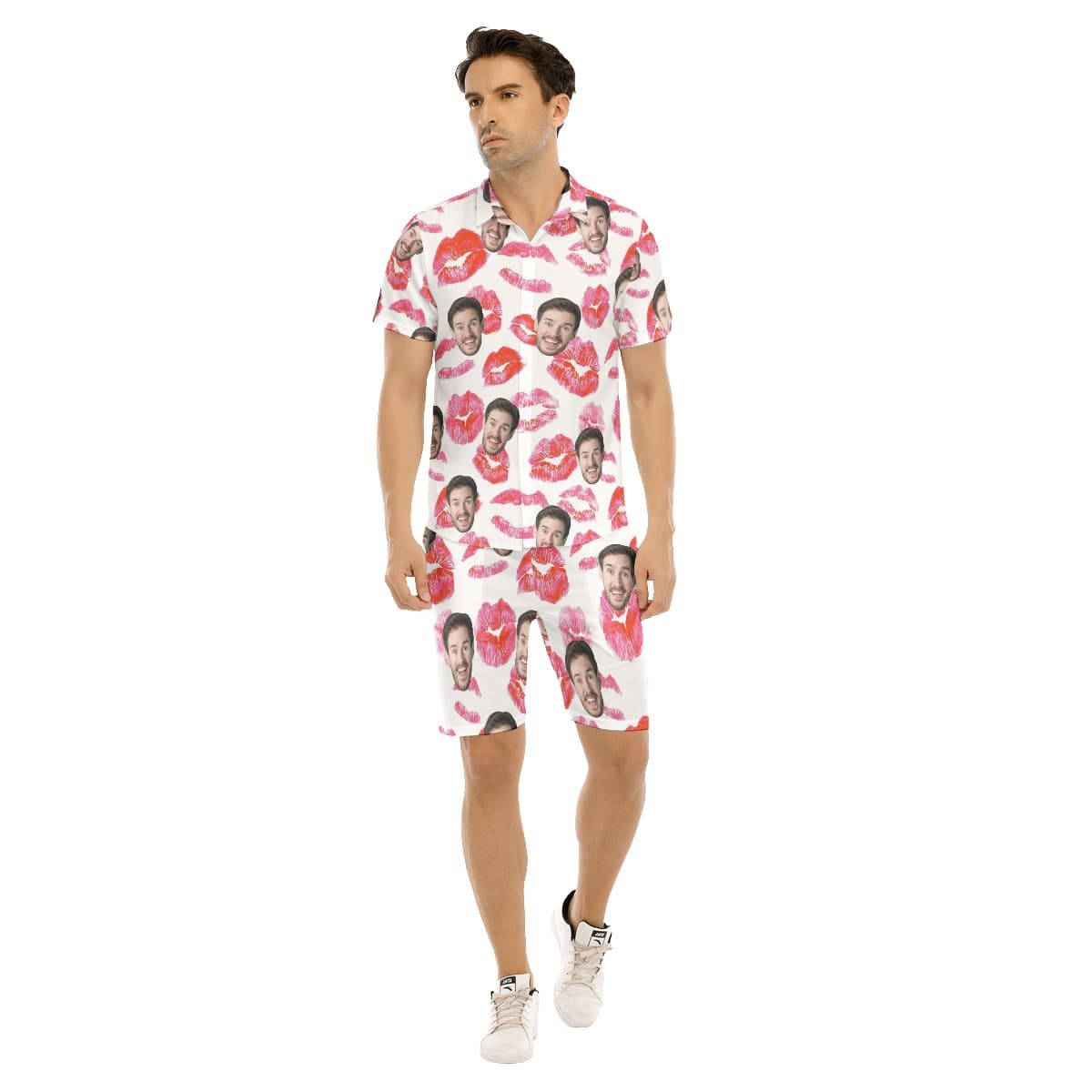 Funny Custom Face Red Lips Valentine Hawaiian Shirt And Shorts (4)