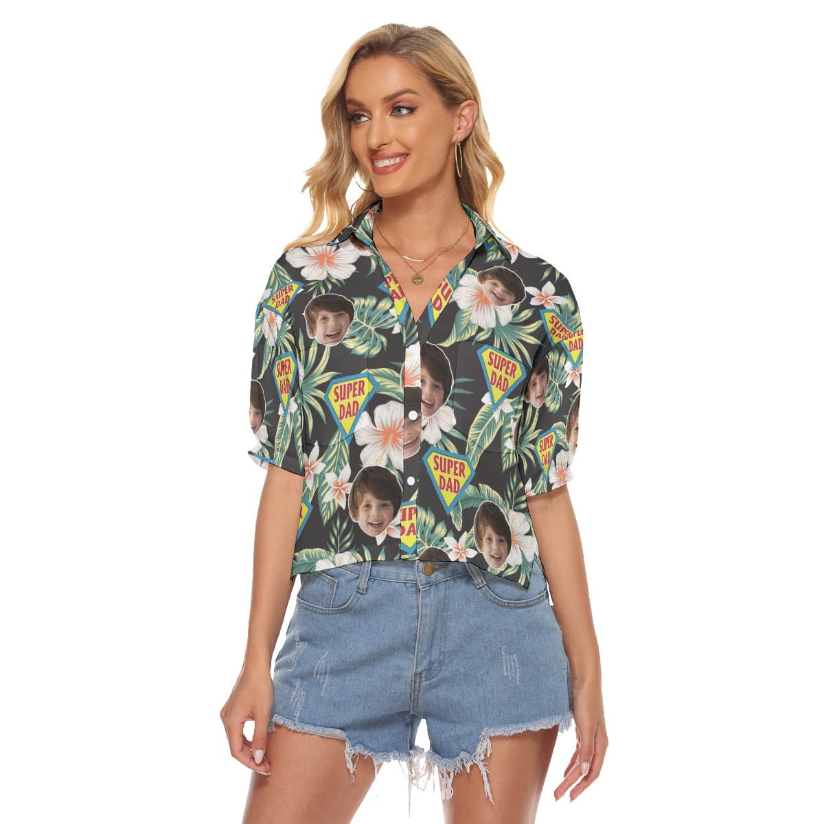 Funny Custom Face Super Dad Aloha Crop Top Shirt For Women (4)