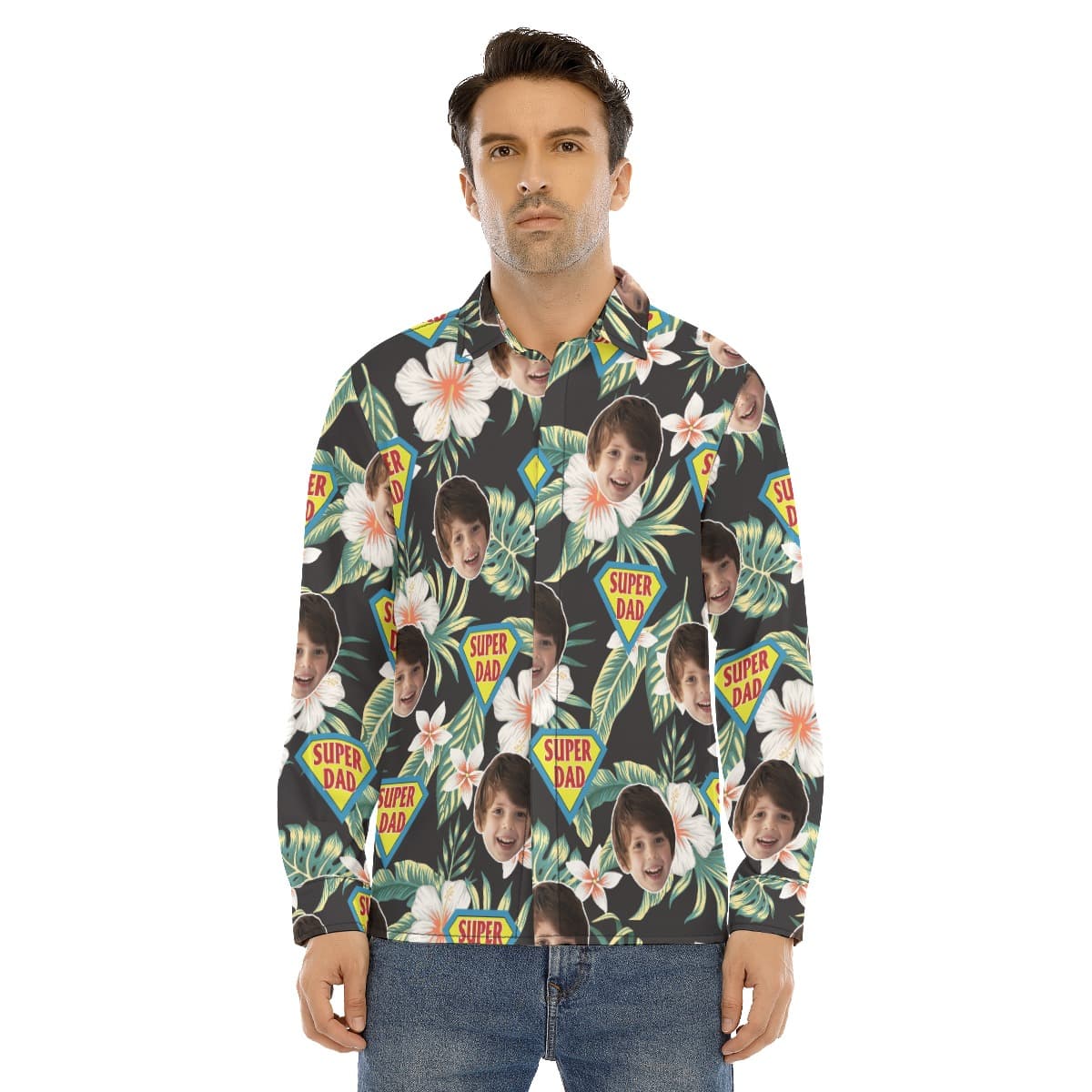 Funny Custom Face Super Dad Hawaiian Long Sleeve Shirt (4)
