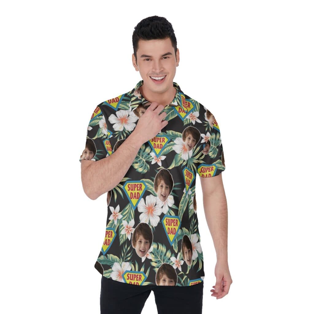Funny Custom Face Super Dad Hawaiian Polo Shirt For Father's Day
