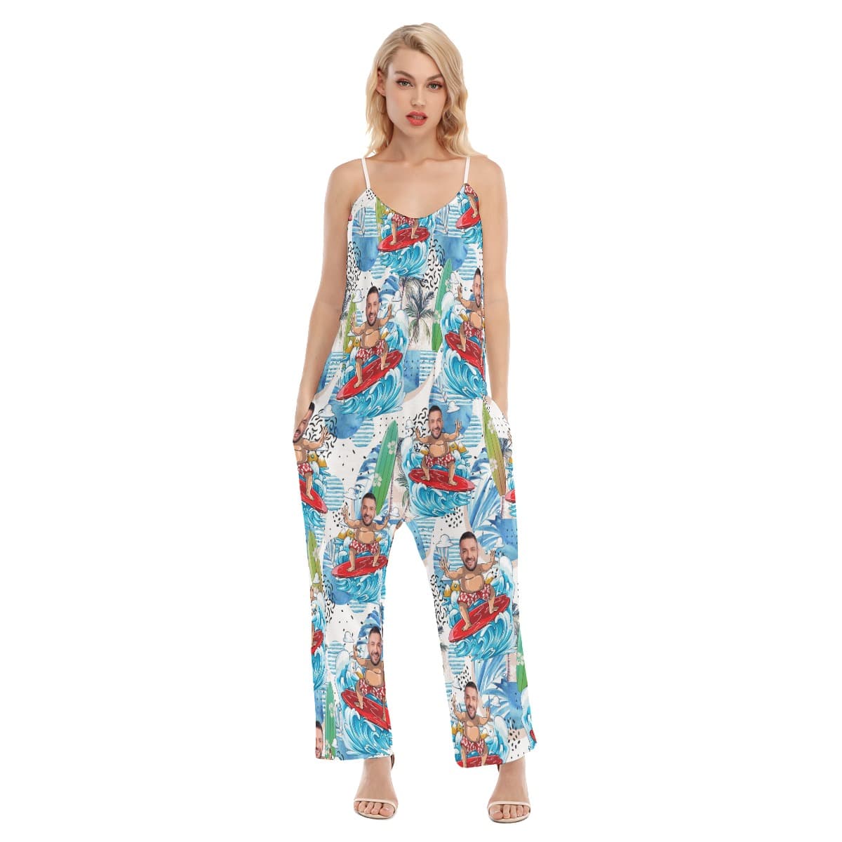 Funny Custom Face Surfing Man Hawaiian Loose Jumpsuit For Women (4)