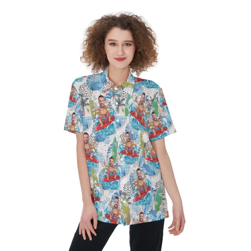 Funny Custom Face Surfing Women's Hawaiian Shirt