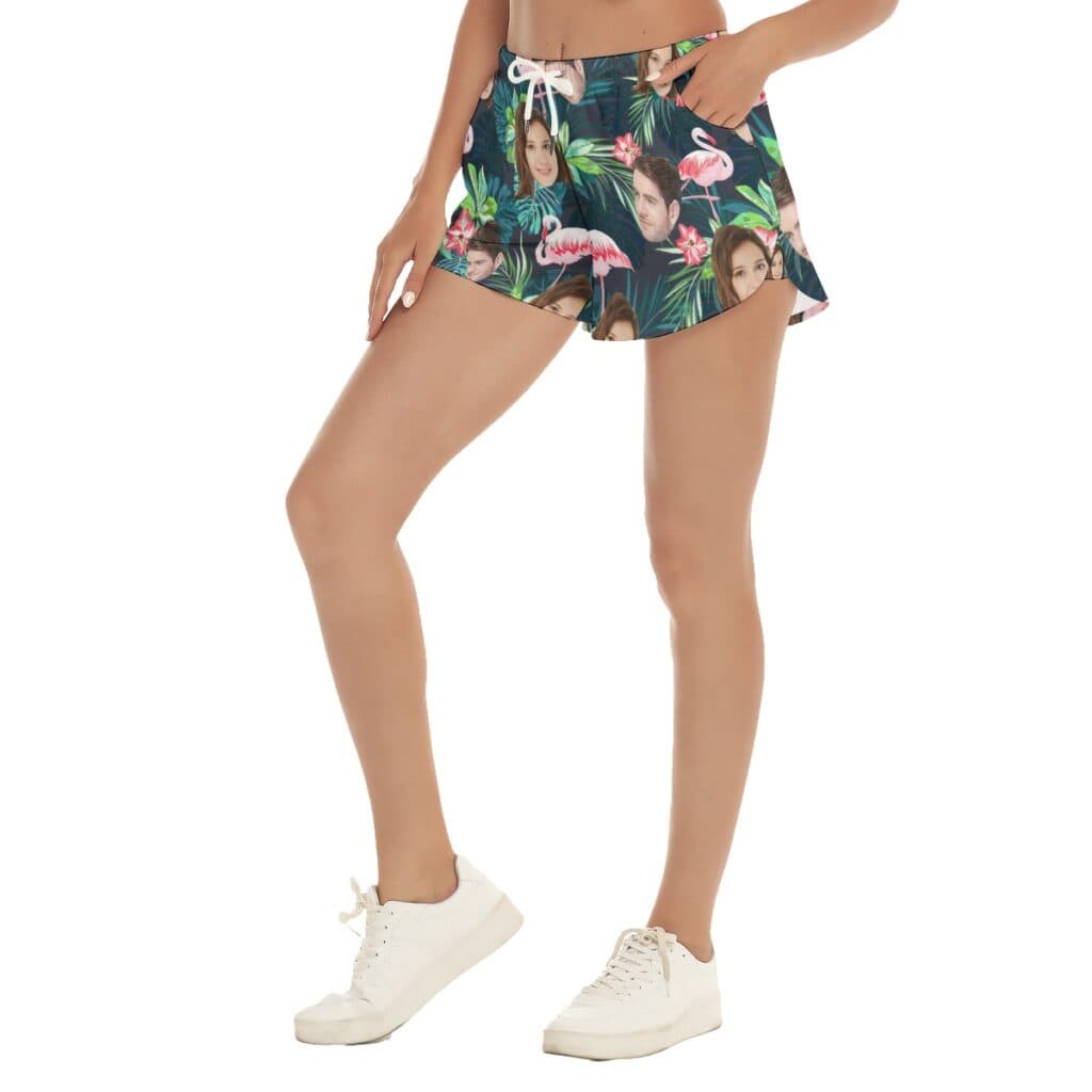 Funny Custom Face Tropical Flamingo Hawaiian Beach Shorts For Women