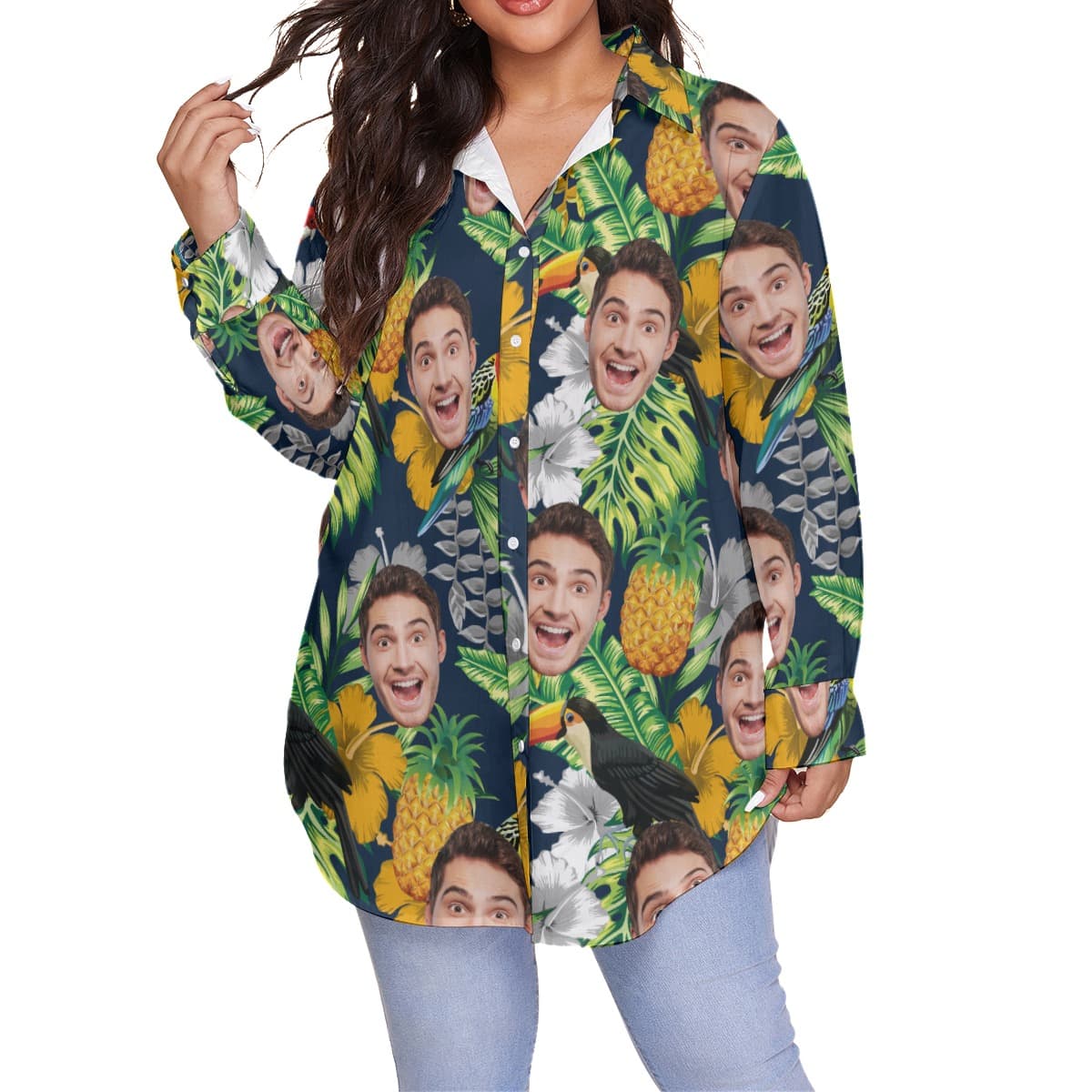 Funny Custom Face Tropical Parrots Hawaiian Plus Size Shirt For Women (4)