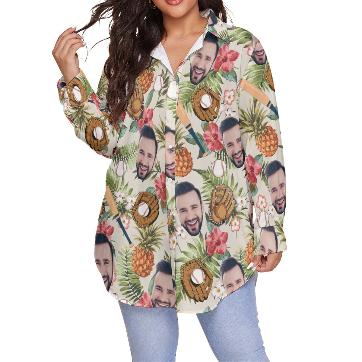 Funny Custom Face With Baseball Hawaiian Plus Size Shirt For Women (4)