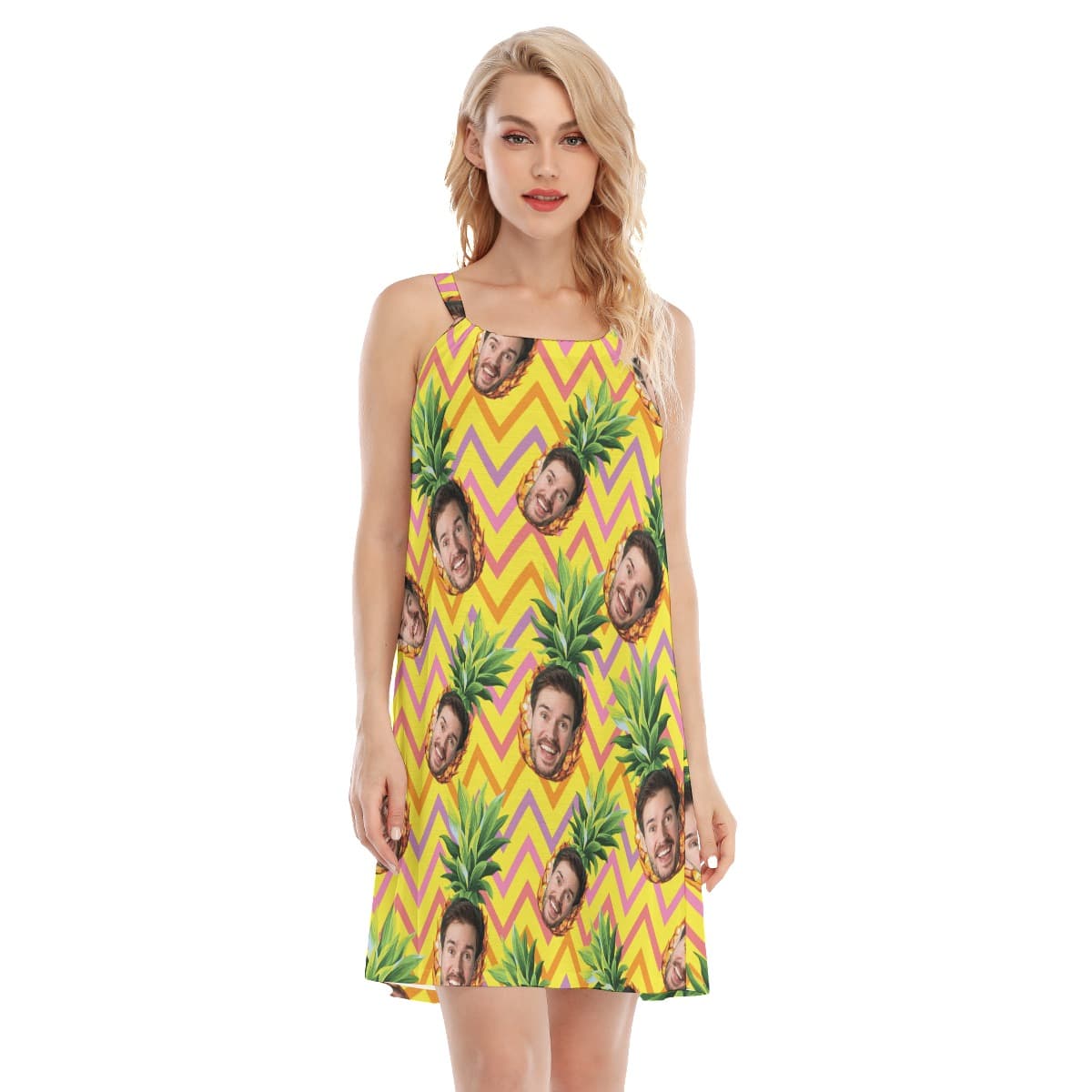 Funny Custom Face With Pineapple Vacation Hawaiian Cami Dress (1)