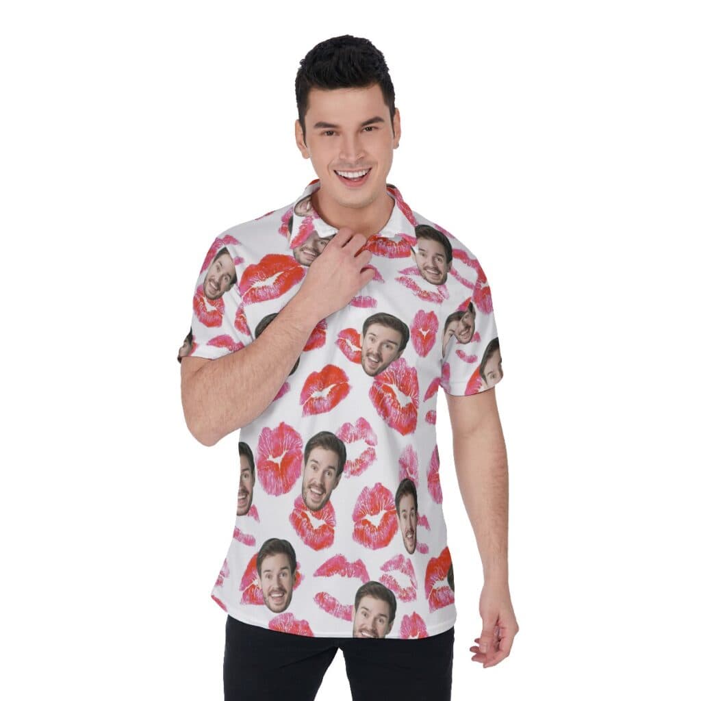 Funny Custom Face With Red Lips Hawaiian Polo Shirt