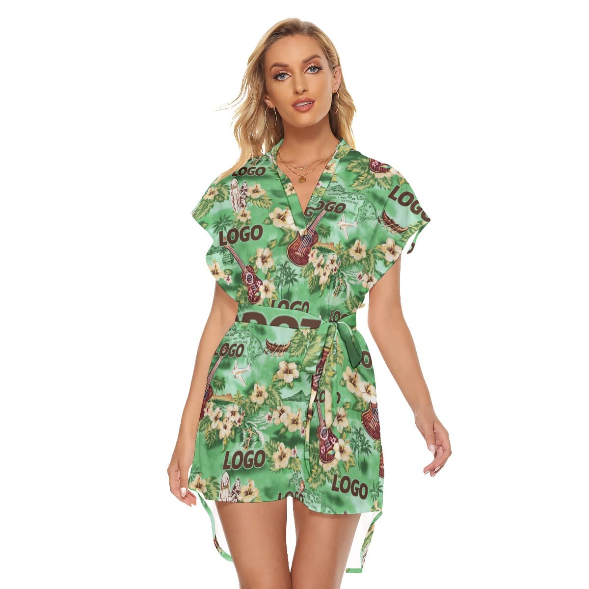 Funny Custom Logo With Tropical Patterns Hawaiian Dress With Belt (1)
