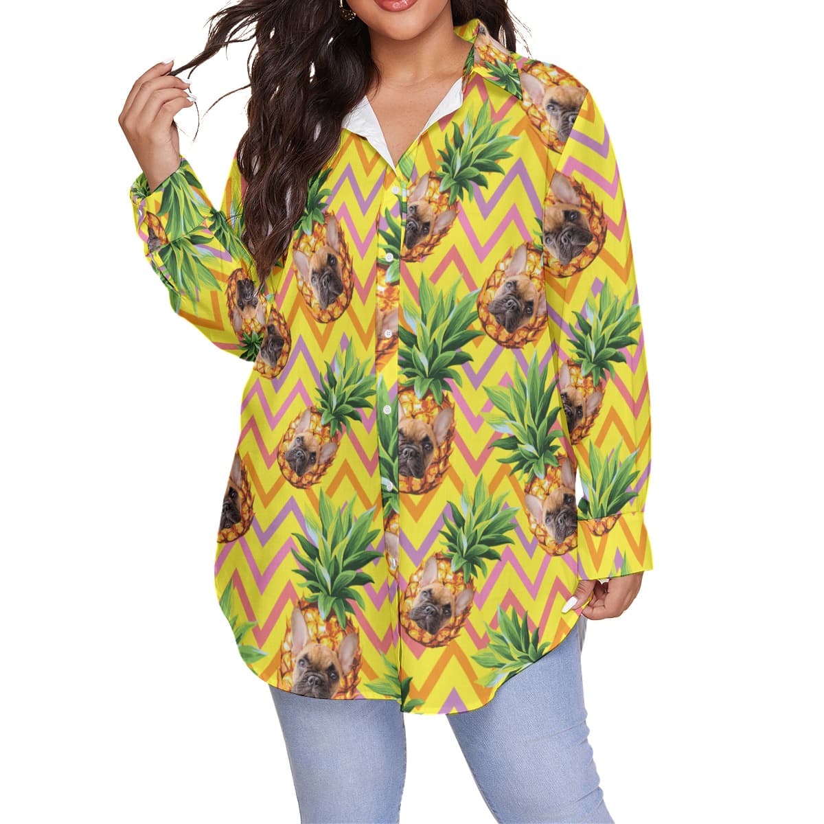 Funny Custom Pet Face Pineapple Hawaiian Plus Size Shirt For Women (1)