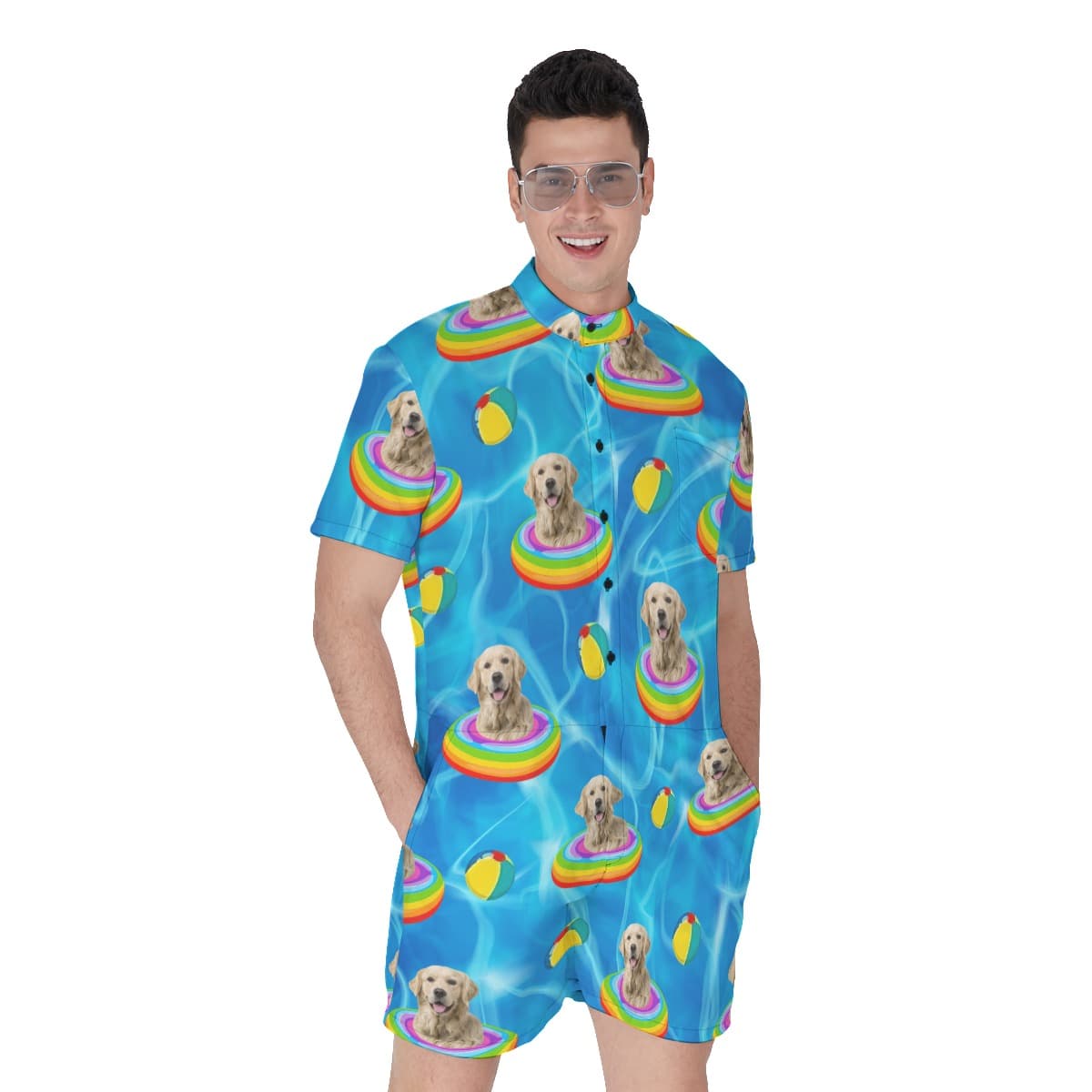 Funny Custom Pet Face Swimming Pool Patterns Hawaiian Romper