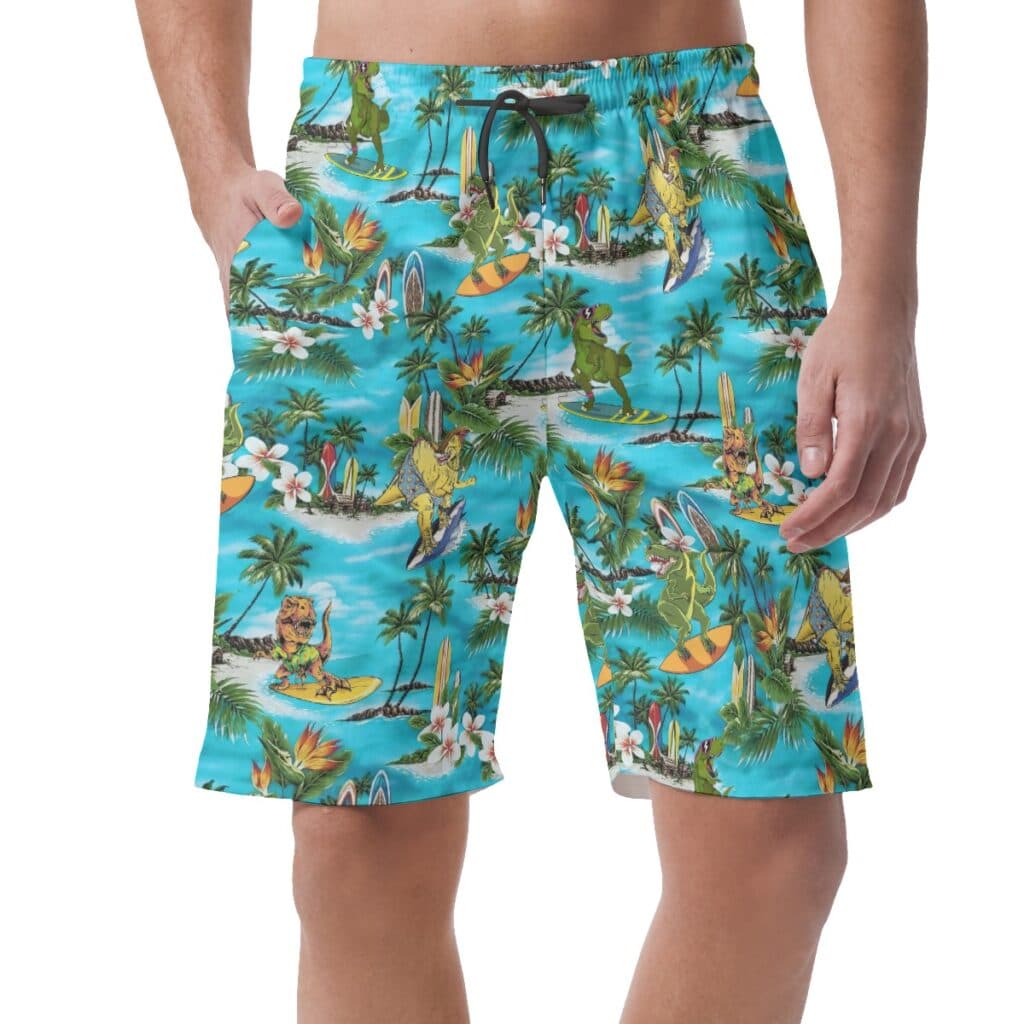 Funny Dinosaur Surfing Hawaiian Summer Beach Shorts For Men