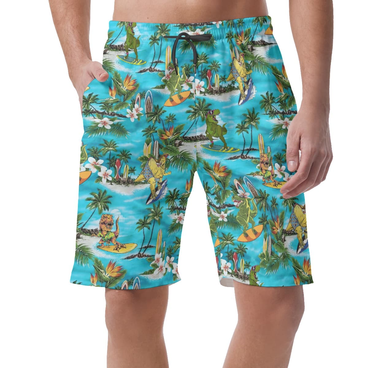 Funny Dinosaur Surfing Hawaiian Summer Beach Shorts For Men