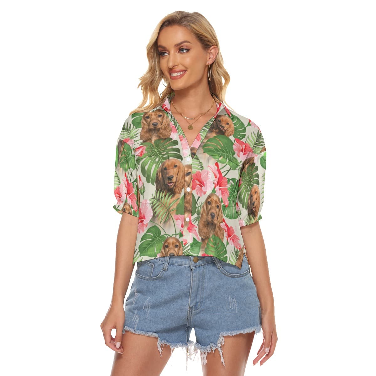 Funny Dog Face Hawaiian Cropped Shirt For Women (1)