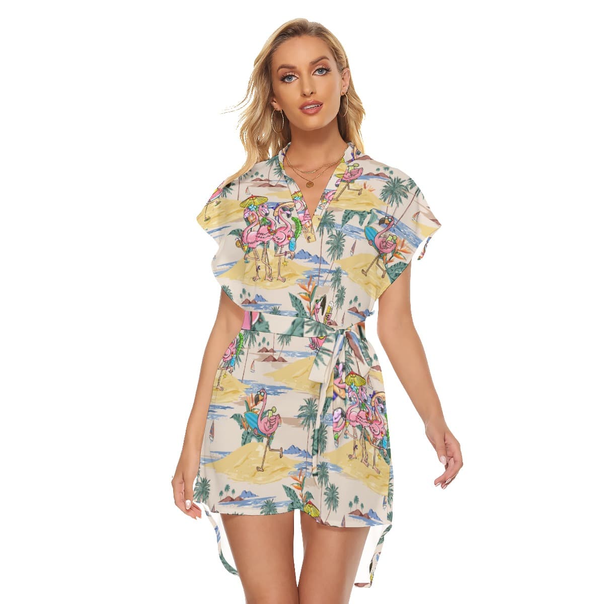 Funny Flamingo On Beach Hawaiian Dress With Belt For Women