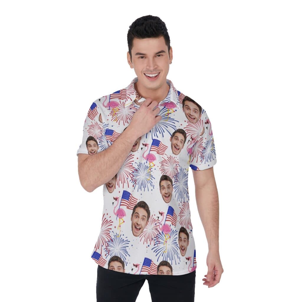 Funny Flamingo Patriotic Custom Face Hawaiian Polo Shirt