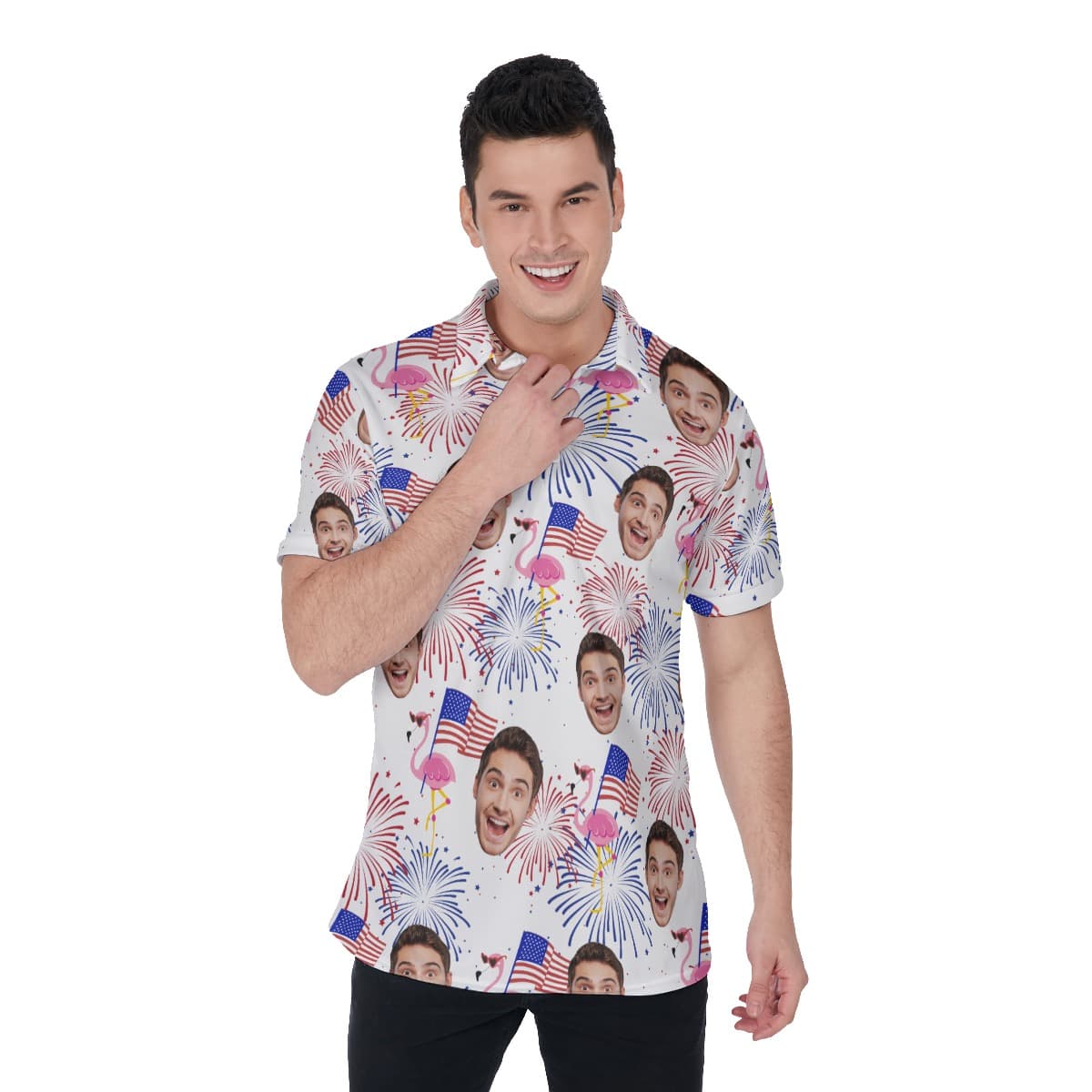 Funny Flamingo Patriotic Custom Face Hawaiian Polo Shirt