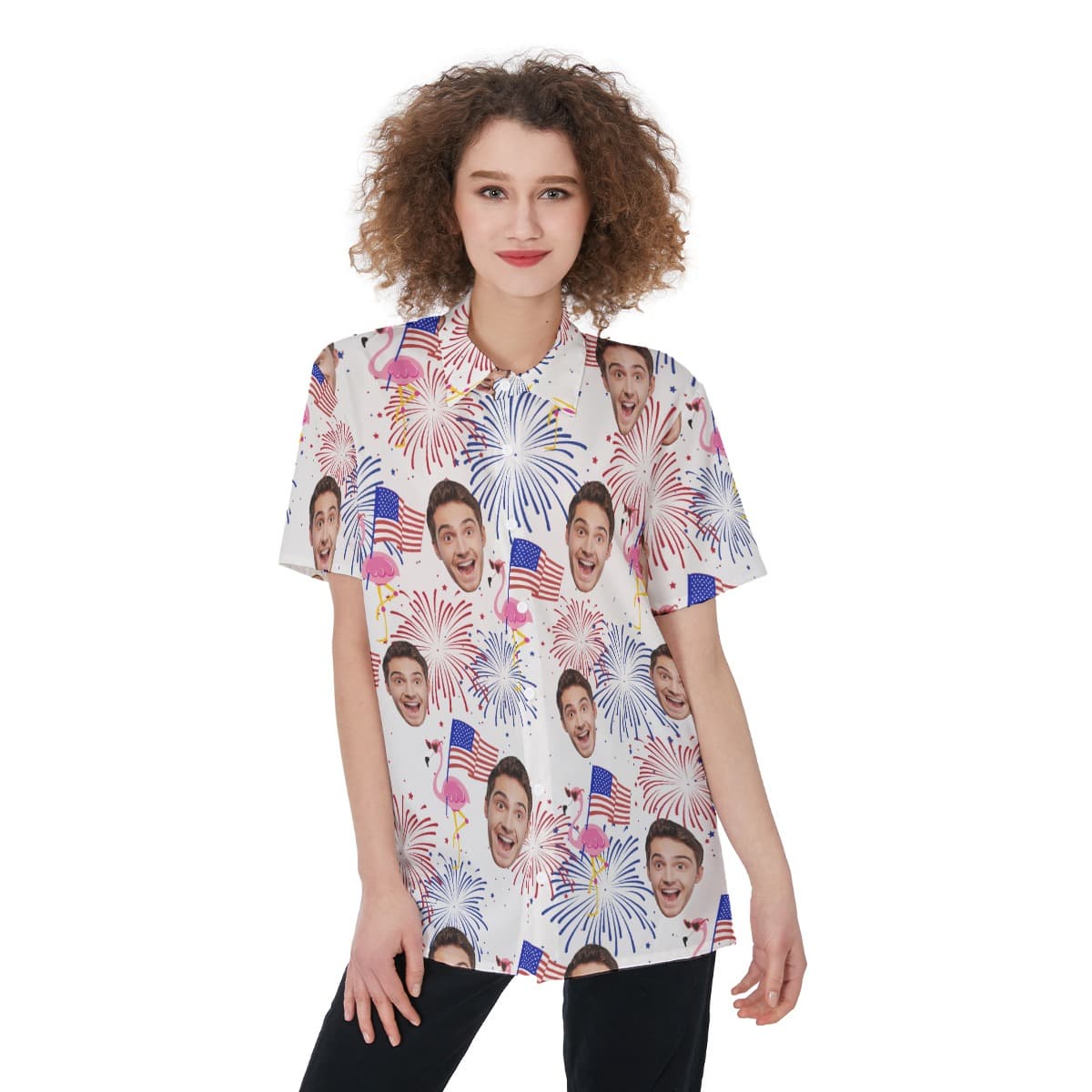 Funny Flamingo Patriotic Custom Face Hawaiian Shirt For Women