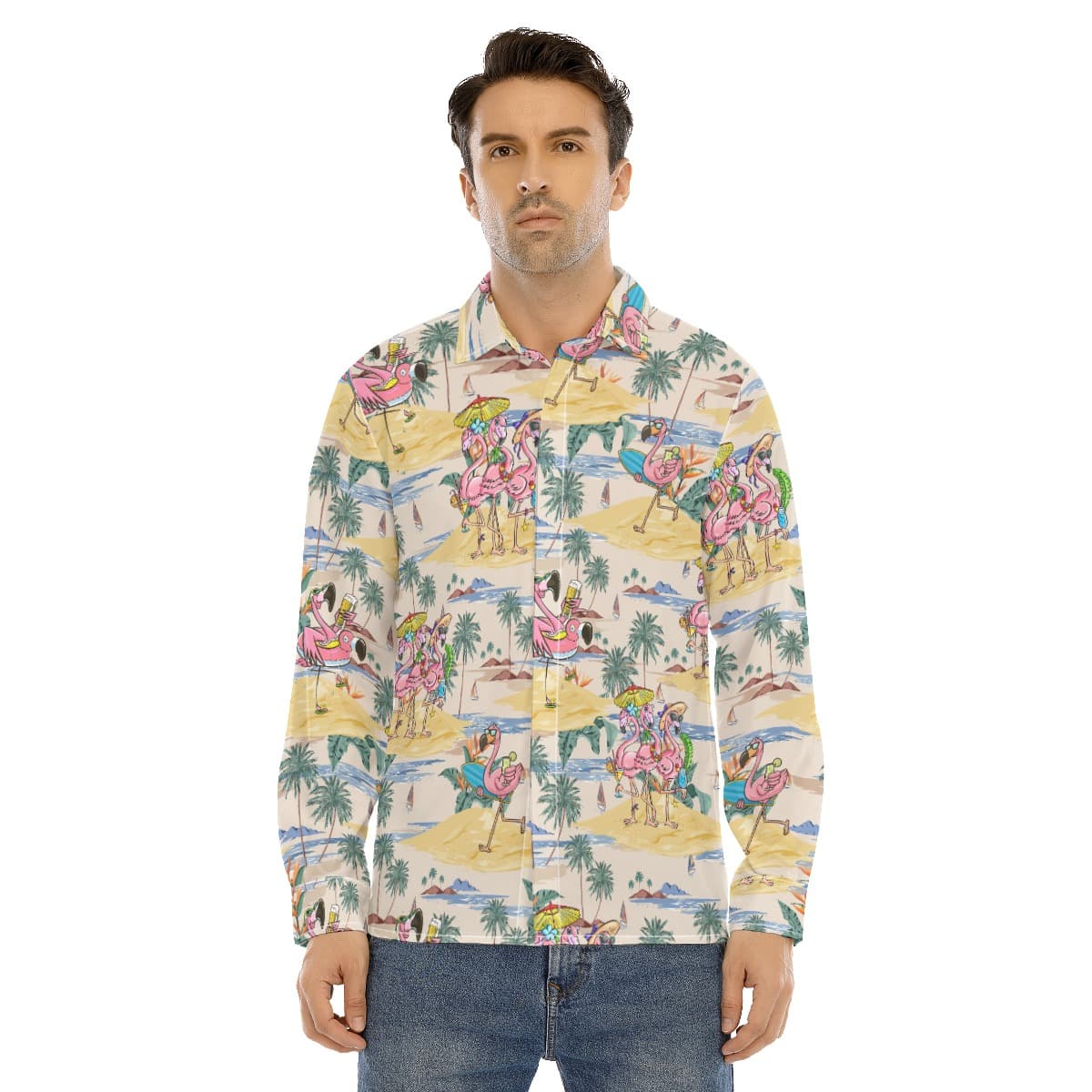 Funny Flamingo Tropical Hawaiian Long Sleeve Shirt For Men