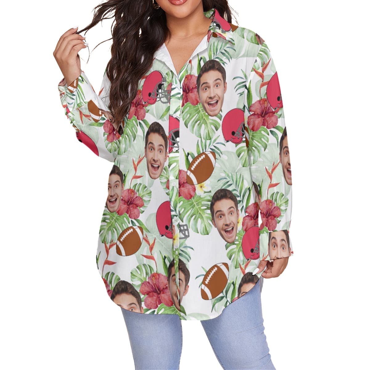 Funny Football Custom Face Plus Size Long Sleeve Hawaiian Shirt For Women (1)