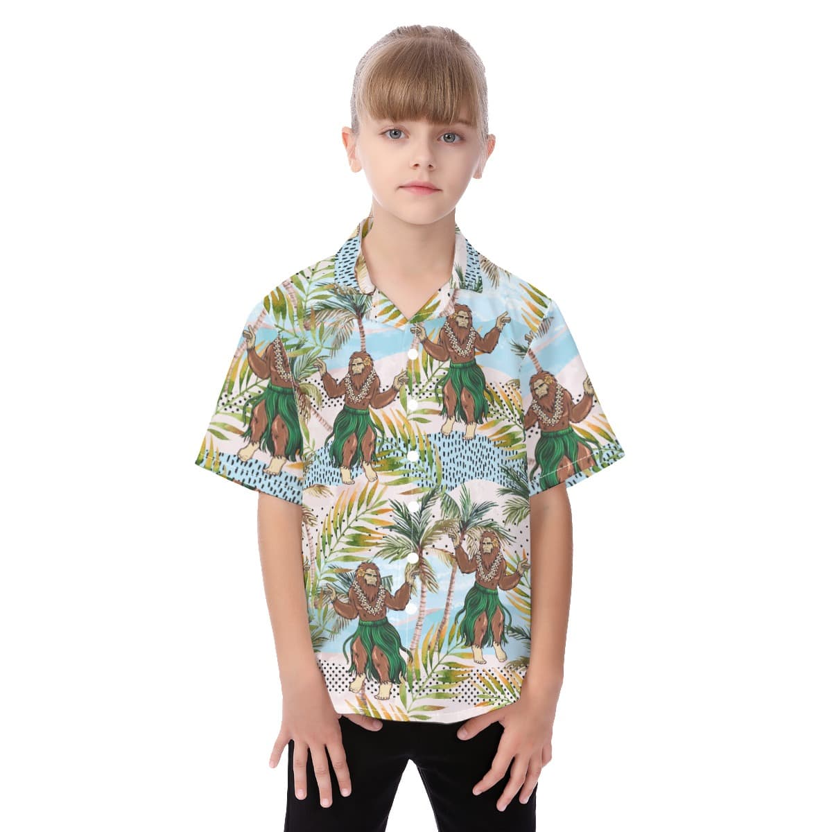 Funny Hula Bigfoot Tropical Aloha Button Up Shirt For Kids