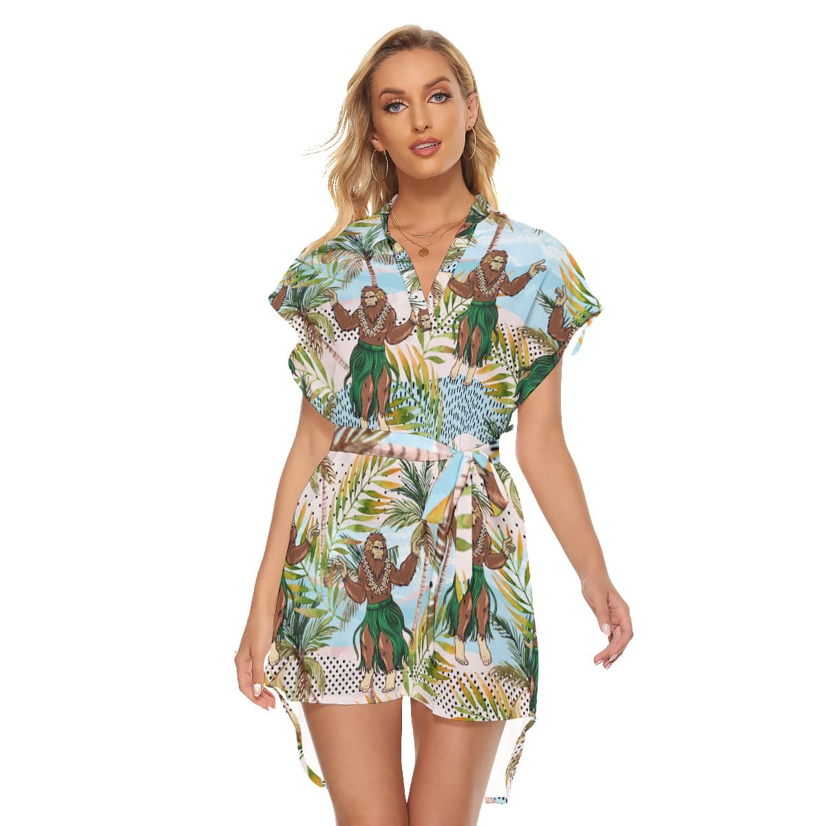 Funny Hula Bigfoot Tropical Hawaiian Dress With Tie For Summer (4)