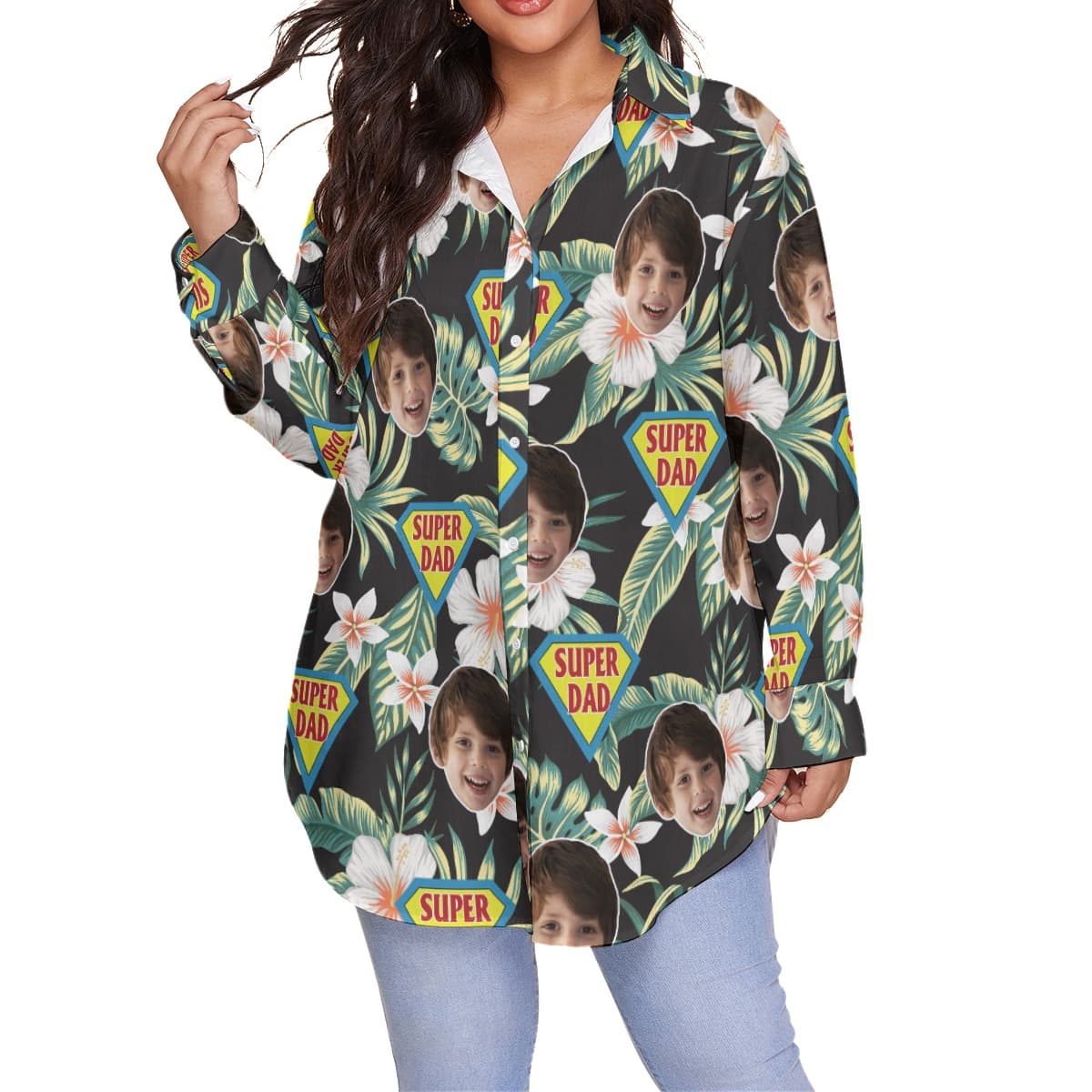 Funny Super Dad Custom Face Plus Size Women’s Hawaiian Shirt (4)