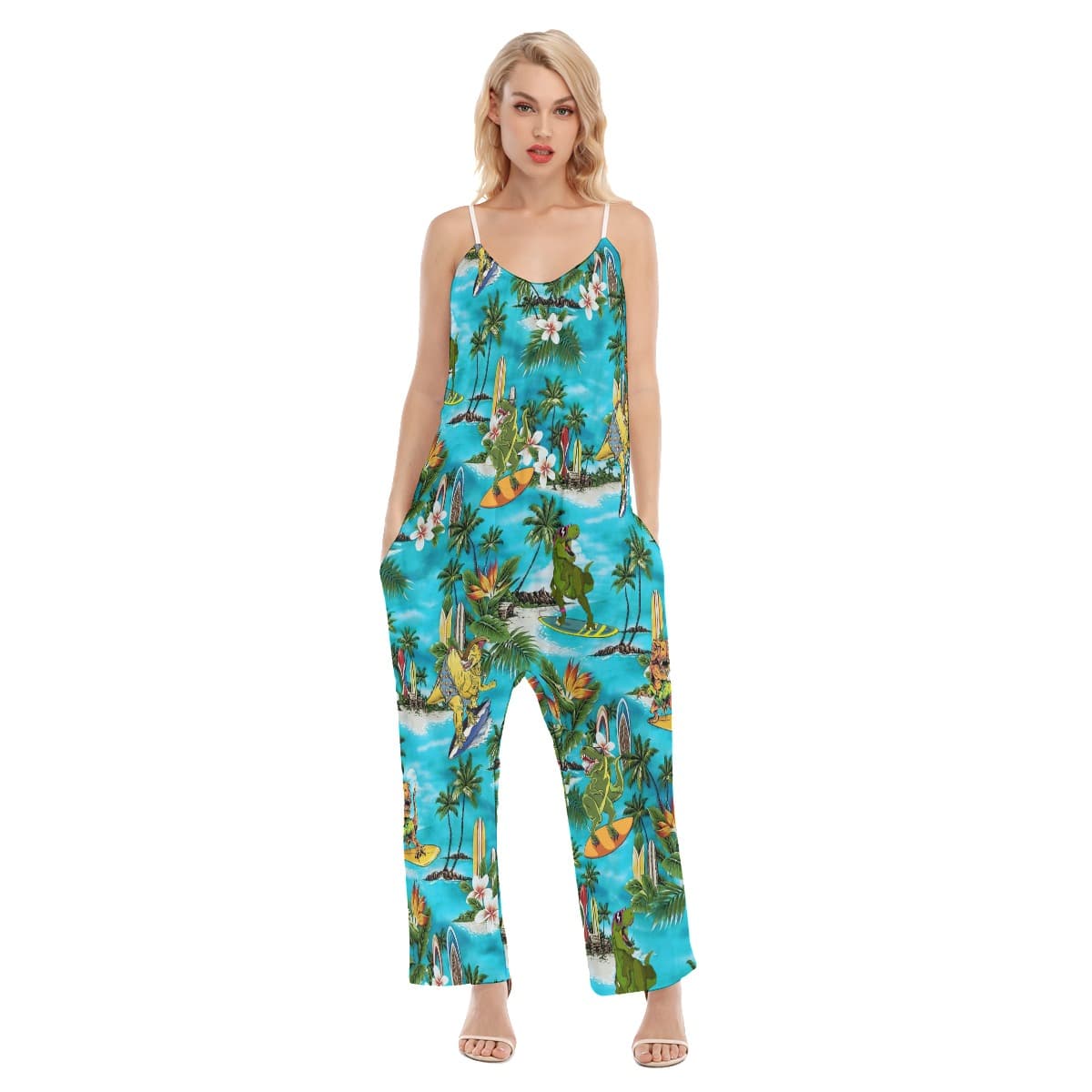 Funny Surfing Dinosaur Hawaiian Loose Cami Jumpsuit For Women