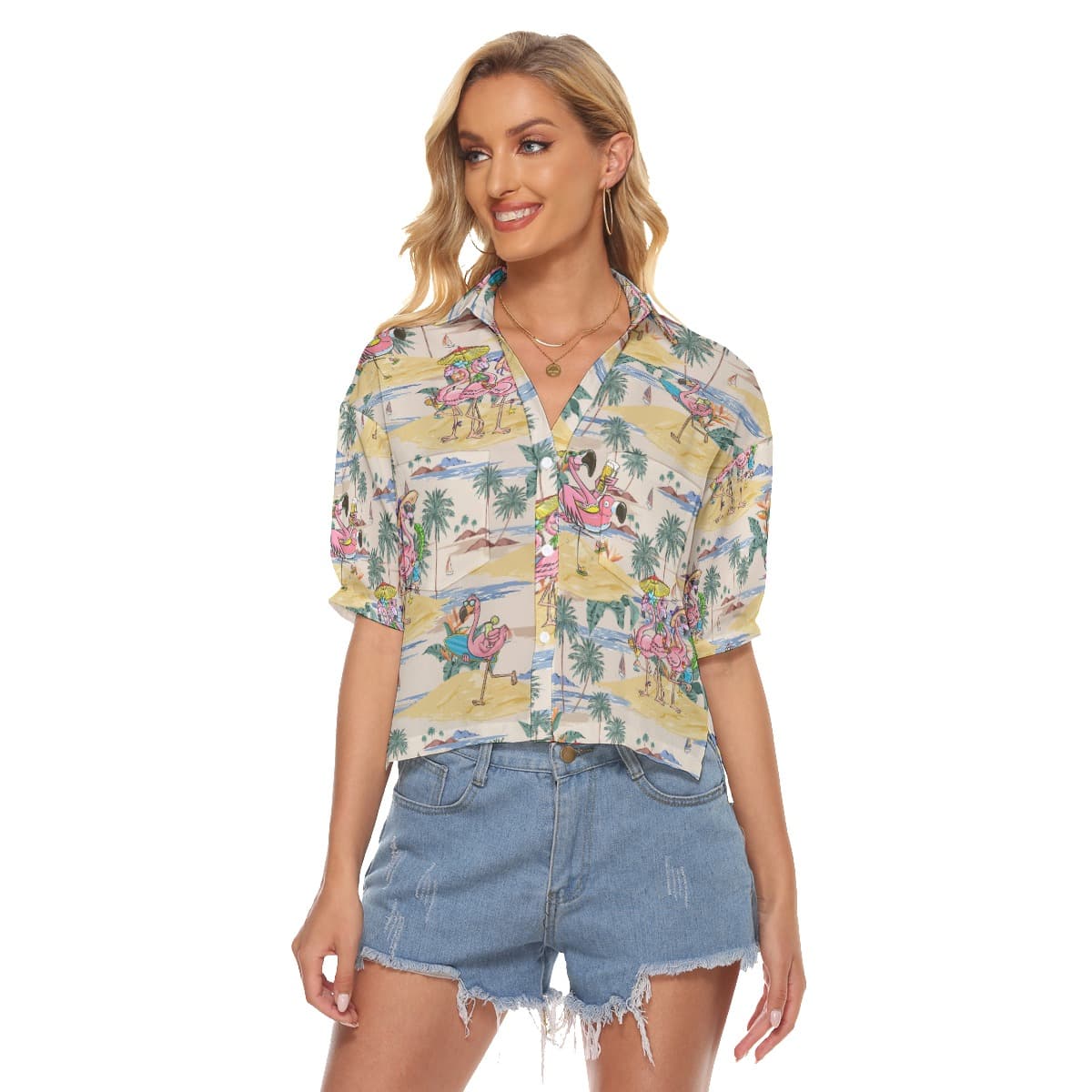 Funny Tropical Flamingo Hawaiian Cropped Shirt For Women
