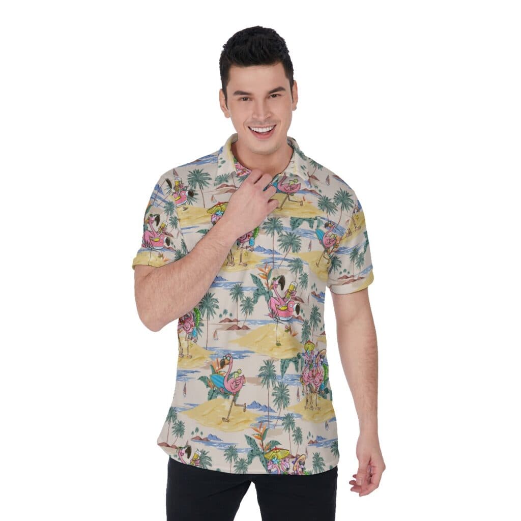 Funny Tropical Flamingo Hawaiian Polo Shirt