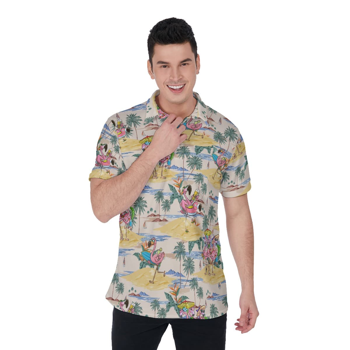 Funny Tropical Flamingo Hawaiian Polo Shirt