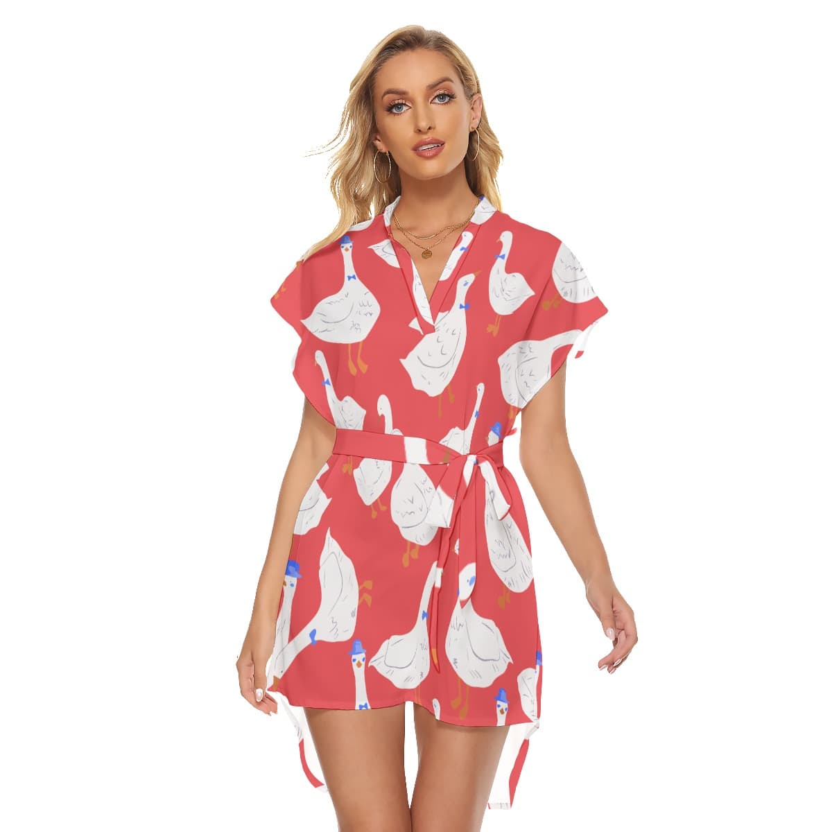 Goose Red Tropical Hawaiian Dress With Tie (1)