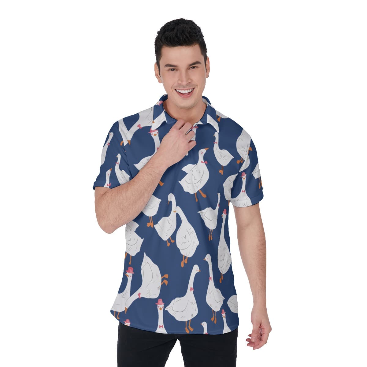 Lovely Goose Blue Polo Hawaiian Shirt For Men (1)