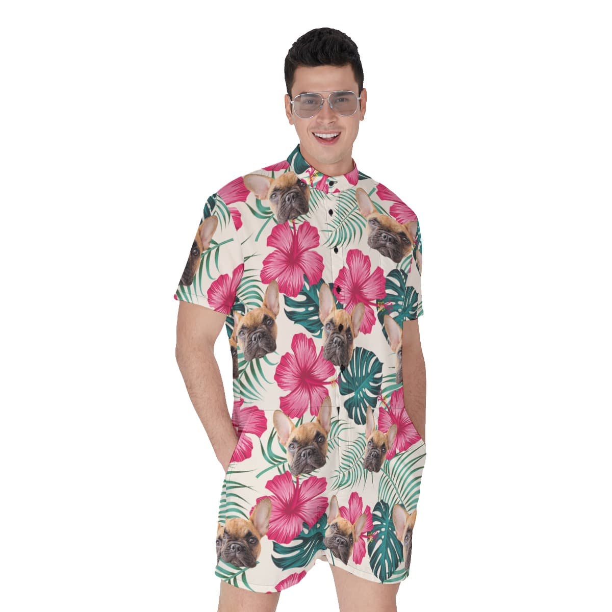 Men’s Custom Cat And Dog Hawaiian Romper (2)
