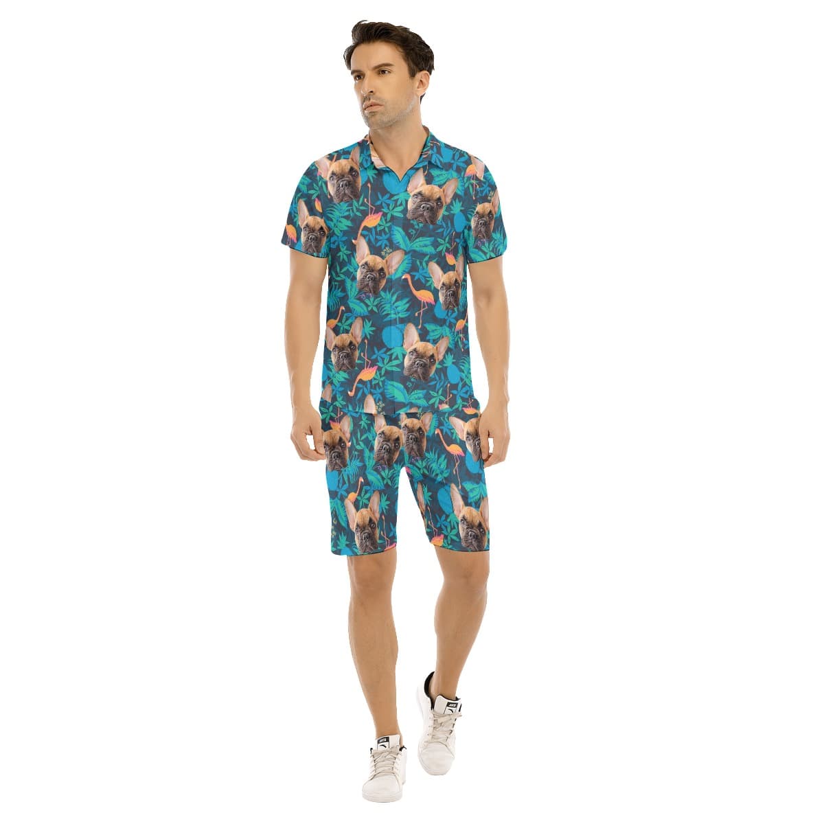 Men’s Custom Dog Face Hawaiian Shirt And Shorts Set (1)
