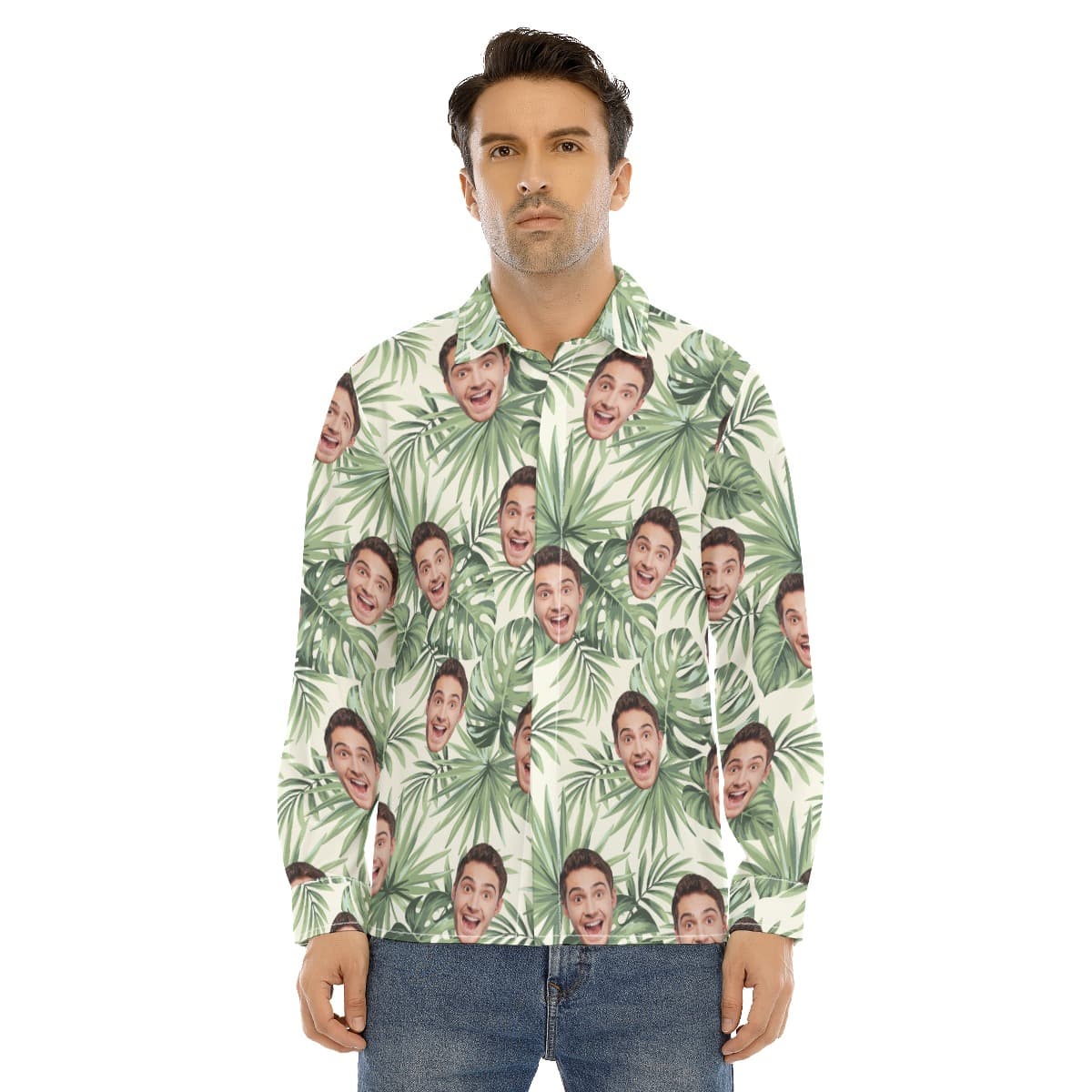 Men’s Custom Face Fishing Man Long Sleeve Hawaiian Shirt (1)