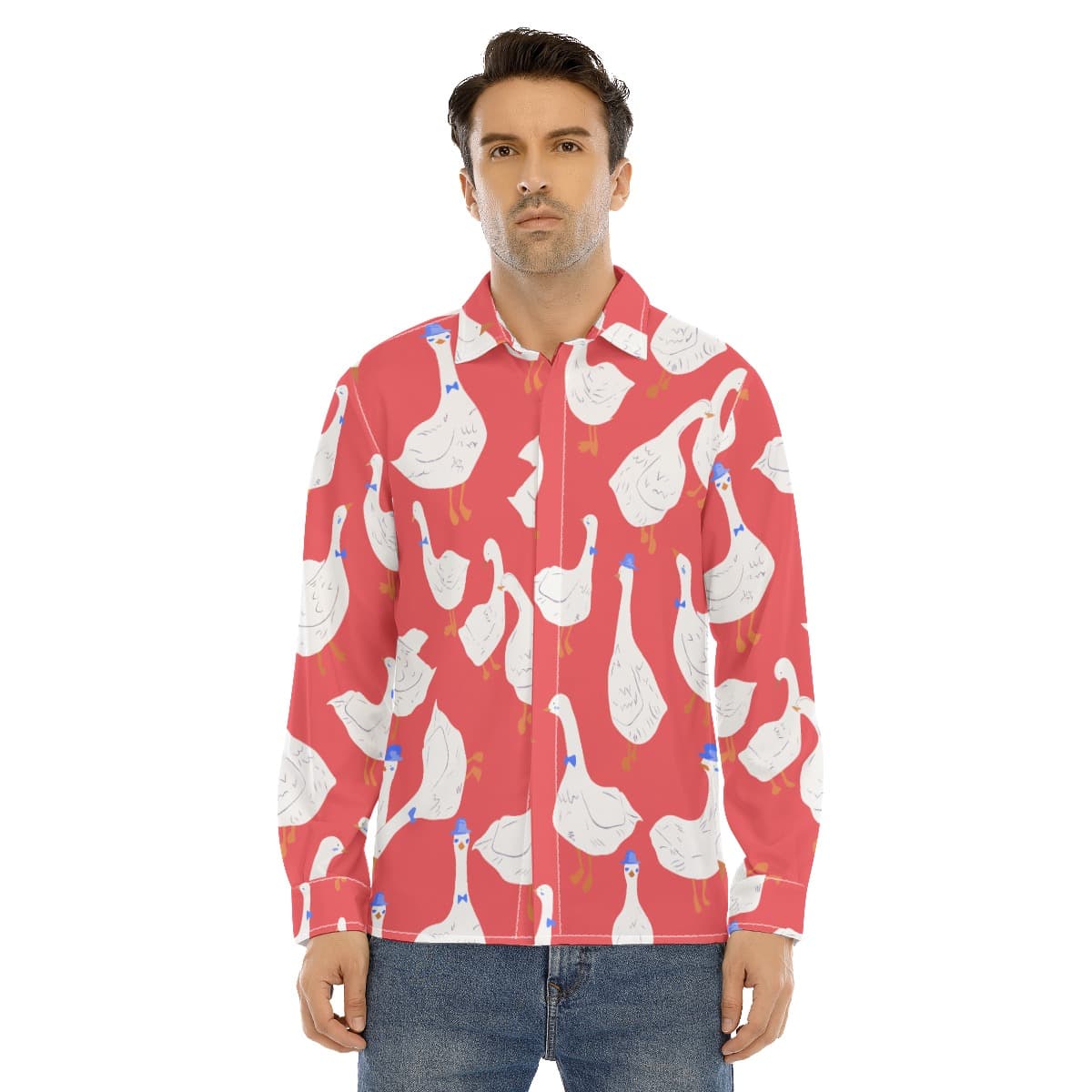 Men’s Cute Goose Red Long Sleeve Aloha Shirt (1)