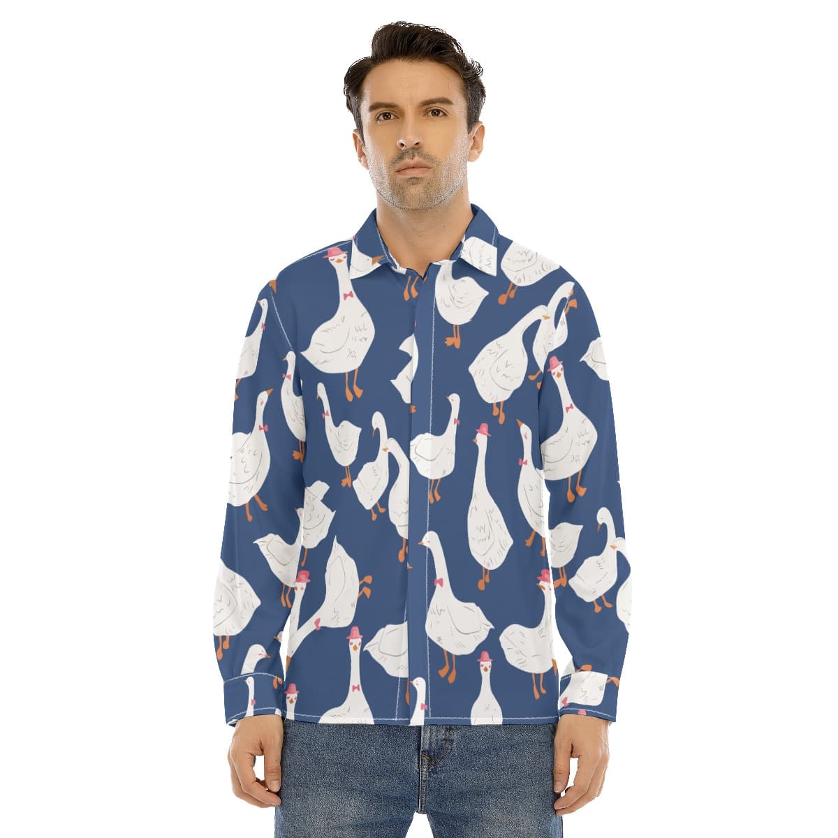 Men’s Funny Goose Blue Long Sleeve Hawaiian Shirt (1)