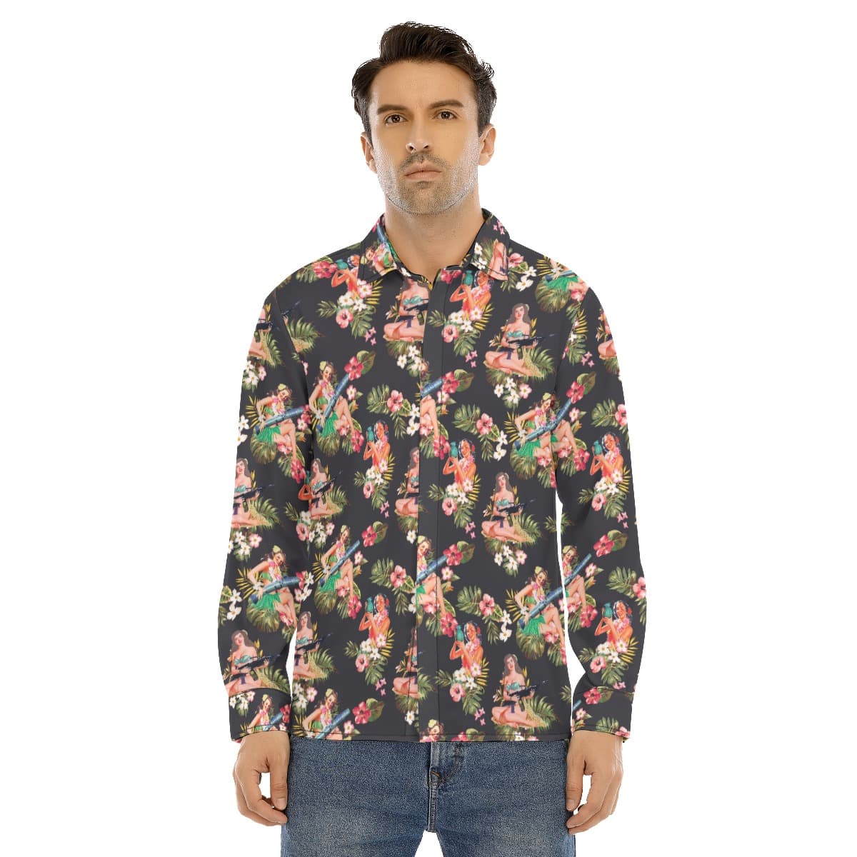Men’s Hula Girl With Gun Long Sleeve Hawaiian Shirt (1)