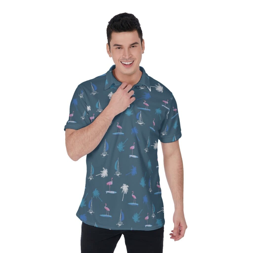 Men's Palm Tree And Flamingo Navy Golf Shirt