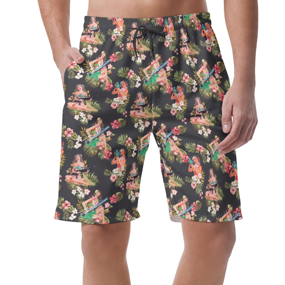 Men’s Tactical Hula Girls Black Hawaiian Beach Shorts (1)