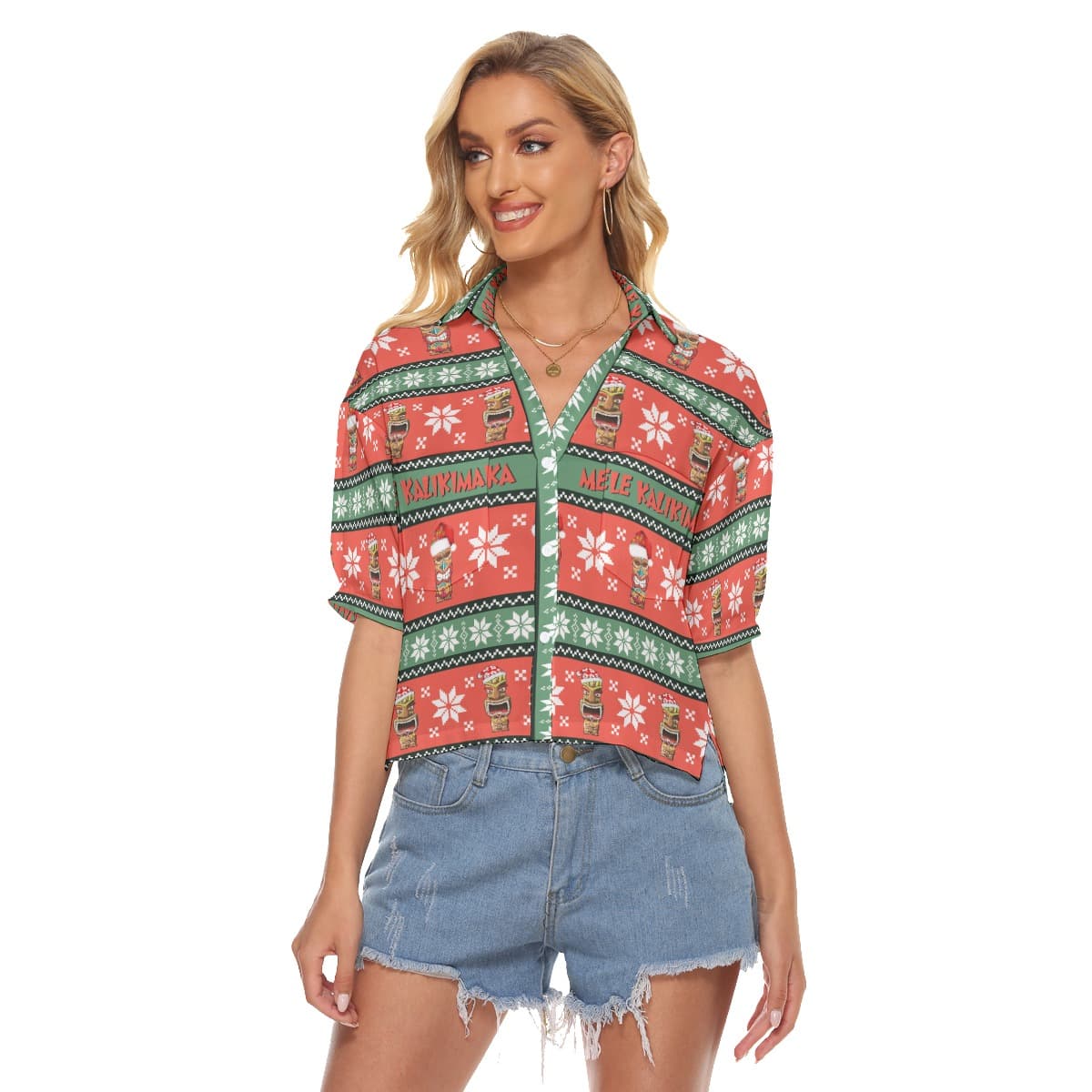 Merry Christmas Tiki Cropped Hawaiian Shirt For Women (1)