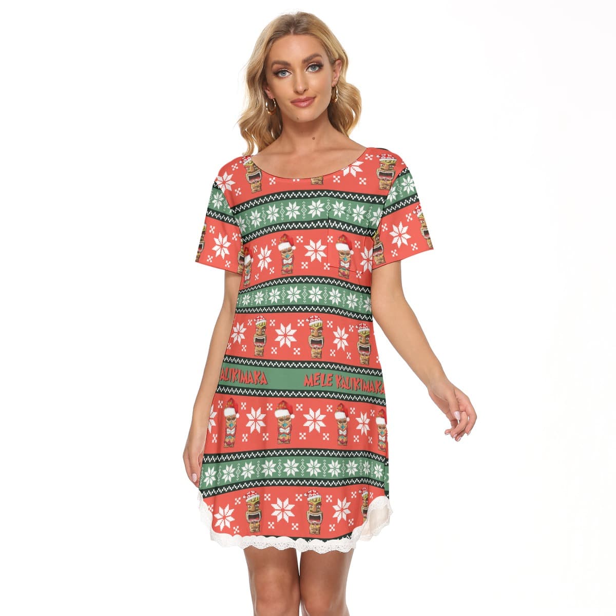 Merry Christmas Tiki Hawaiian Dress With Lace (1)