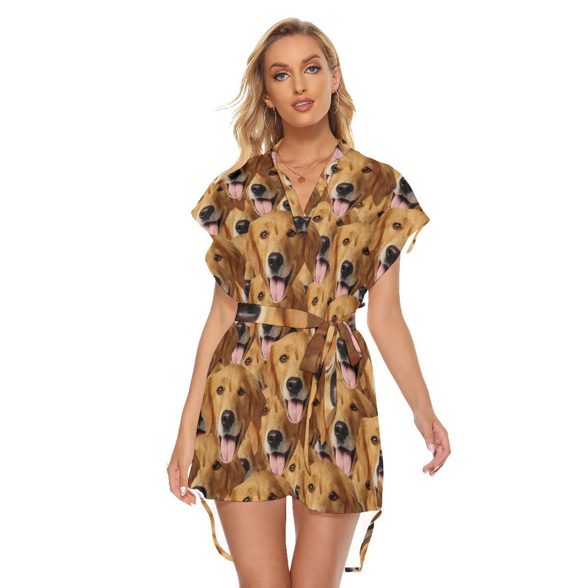Multi Dog Face Women's Dress With Belt (1)