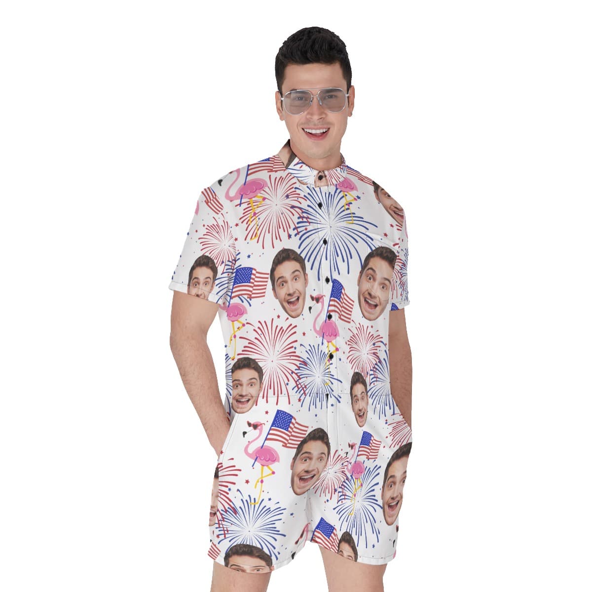 Patriotic Flamingo Custom Face Men’s Hawaiian Romper (1)