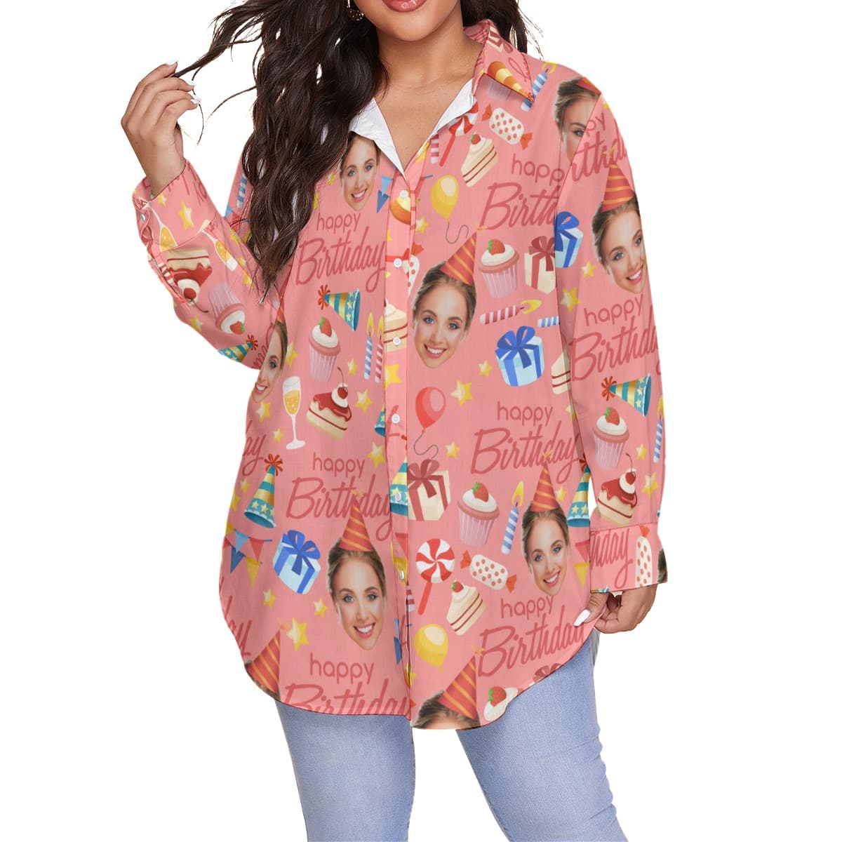 Pink Custom Face Happy Birthday Plus Size Hawaiian Shirt For Women (1)