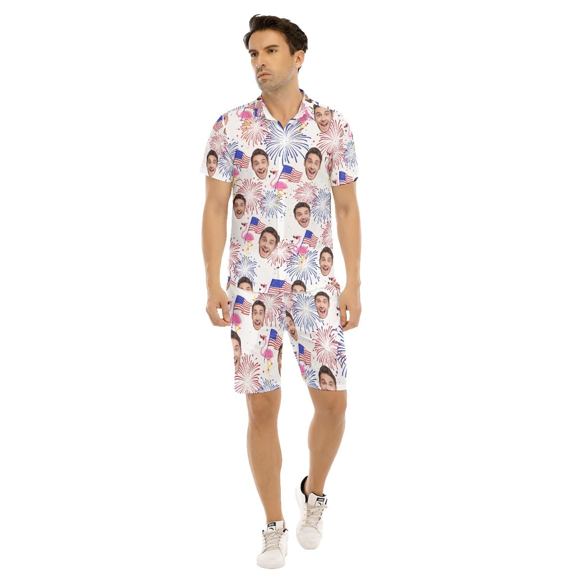 Set Custom Face Patriotic Flamingo Hawaiian Shirt And Shorts For Men (1)