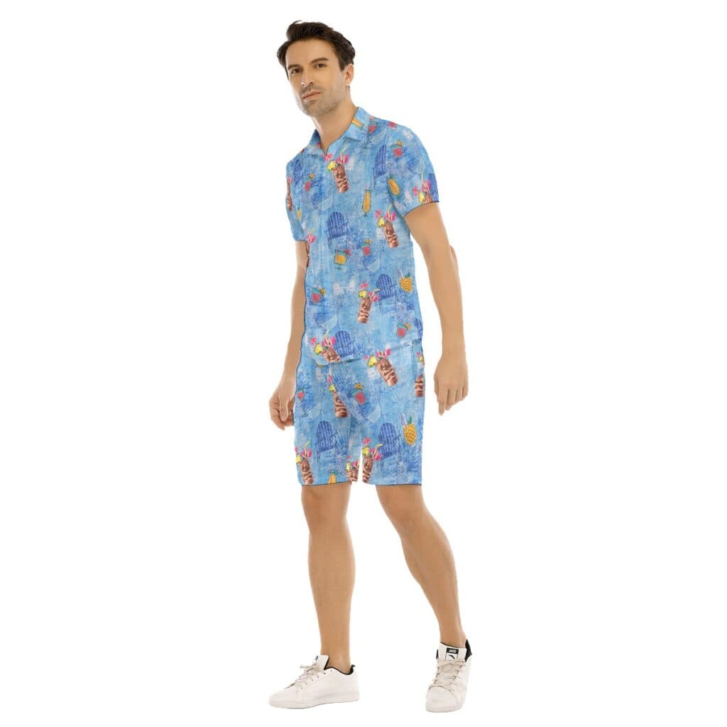 Set Tiki Drink Blue Hawaiian Shirt And Shorts For Men