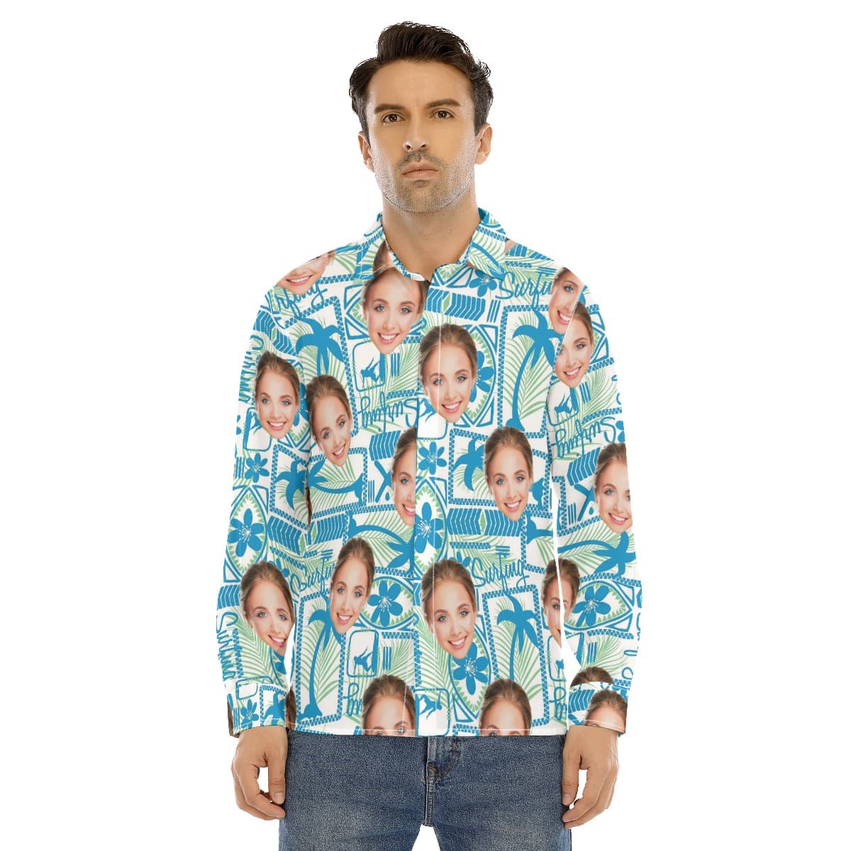 Surfing Custom Face Blue Button Up Shirt (1)